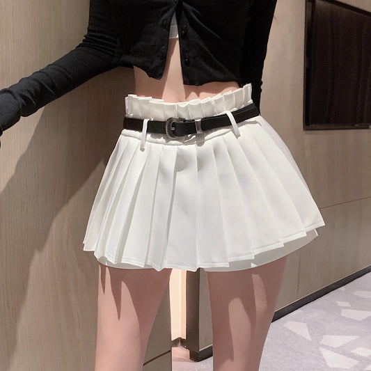 High Waist Pleated Skirt Shorts – A-Line Elastic Waist Mini Skort with Belt (S–XL)