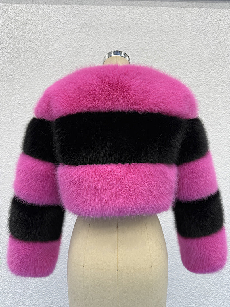 Pink and black contrast short fur coat - fashionable contrast color, creating a personalized eye-catching look