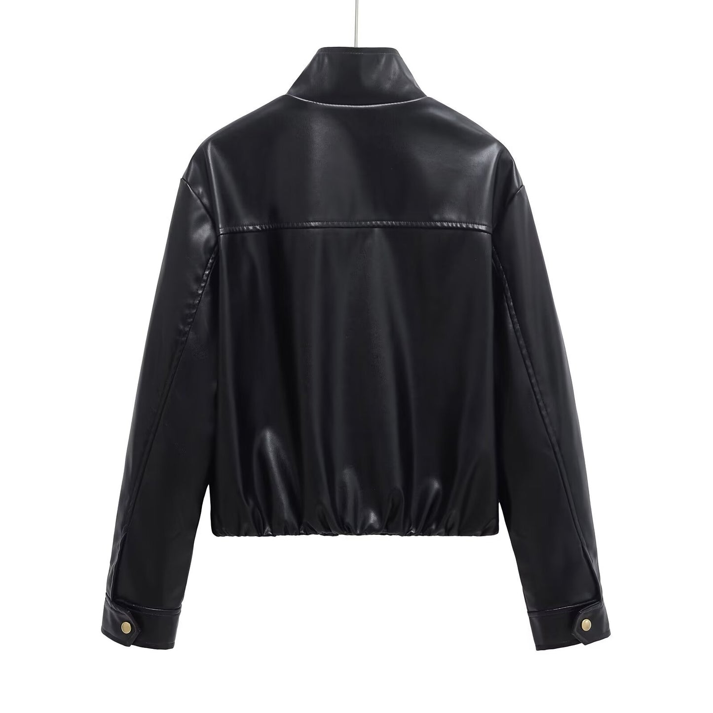 Black stand collar cropped leather jacket