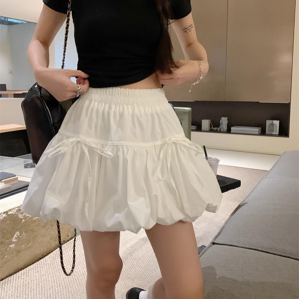 Sweet Puffy Mini Skirt – White High-Waisted Bubble A-Line Skirt with Ribbon Detail (S–XL)