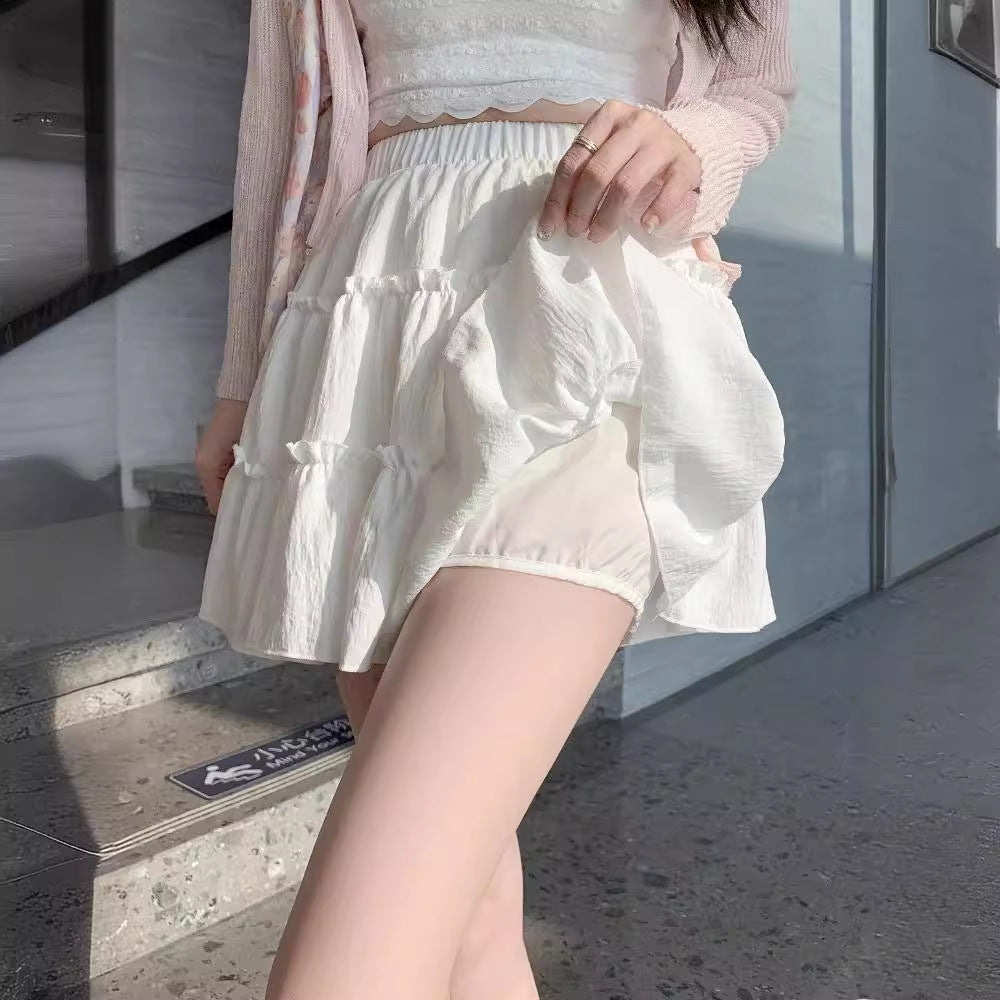 Sweet High-Waisted Layered Mini Skirt – Elastic Waist Ruffled Skater Skirt for Women (S–XL)