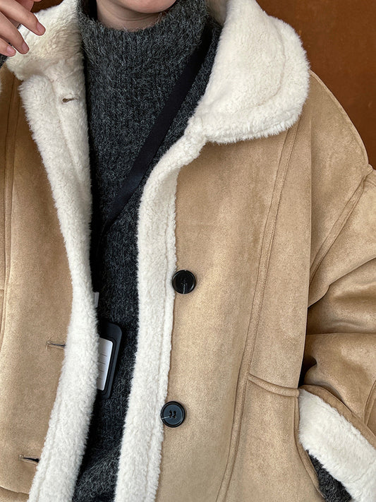 Shearling-Lined Short Moto Jacket – Women’s Warm Faux Suede Winter Coat