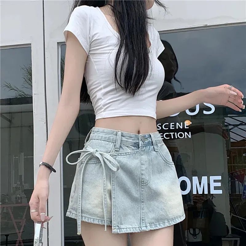 High Waist Tie-Side Denim Mini Skirt – A-Line Slim Fit Skirt for Women (S–XL)