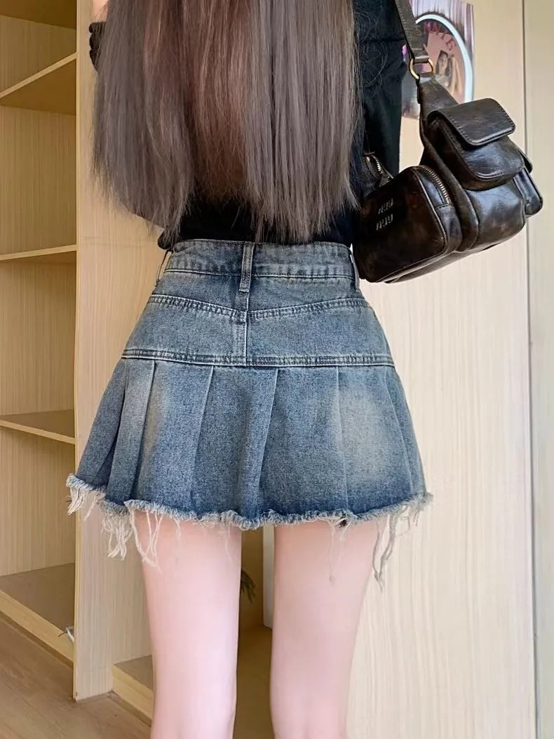 Korean Style High-Waist A-Line Denim Mini Skirt with Washed Pleated Hem (S–XL)