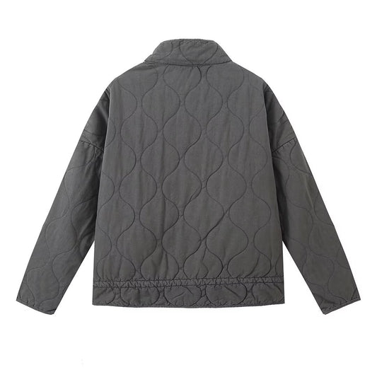 Minimalist Quilted Padded Jacket – Unisex Dark Gray Casual Loose Fit Zip-Up Coat