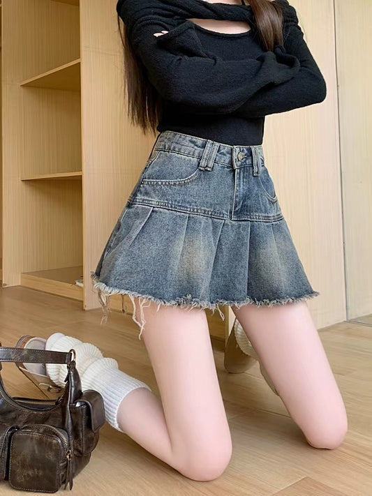 Korean Style High-Waist A-Line Denim Mini Skirt with Washed Pleated Hem (S–XL)