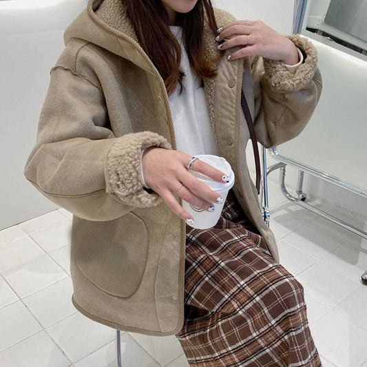 Thickened Sherpa Fleece Hooded Jacket – Women’s Loose Fit Warm Winter Casual Coat