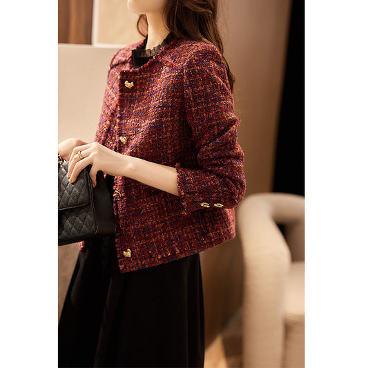 Women’s Tweed Short Jacket S-XL — Elegant Round Neck Design, Slim Fit, Vintage Red-Purple Blended Chic Cropped Outerwear