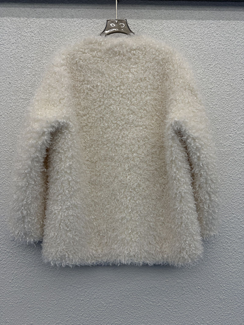 Off-white double-breasted plush coat