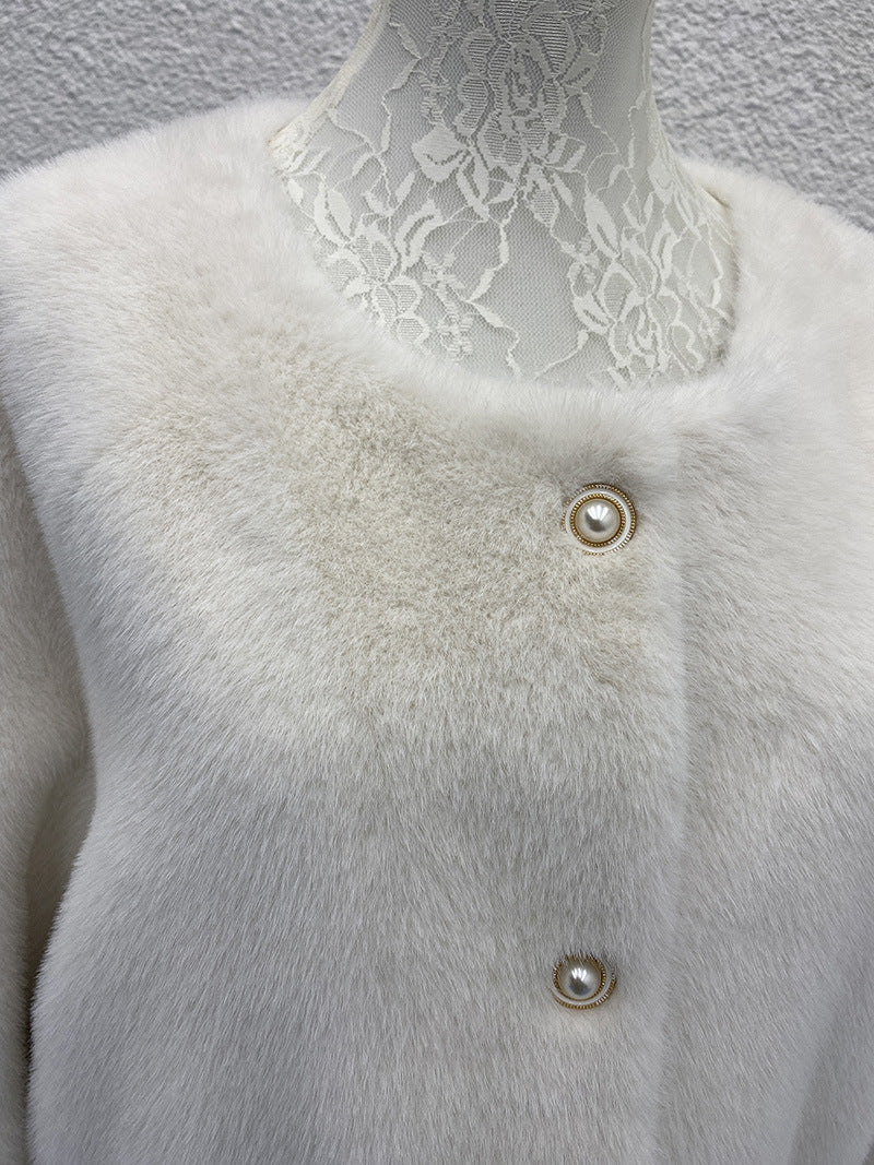 White Pearl Button Plush Coat - Elegant and Refined, Delivering a Luxurious Winter Style