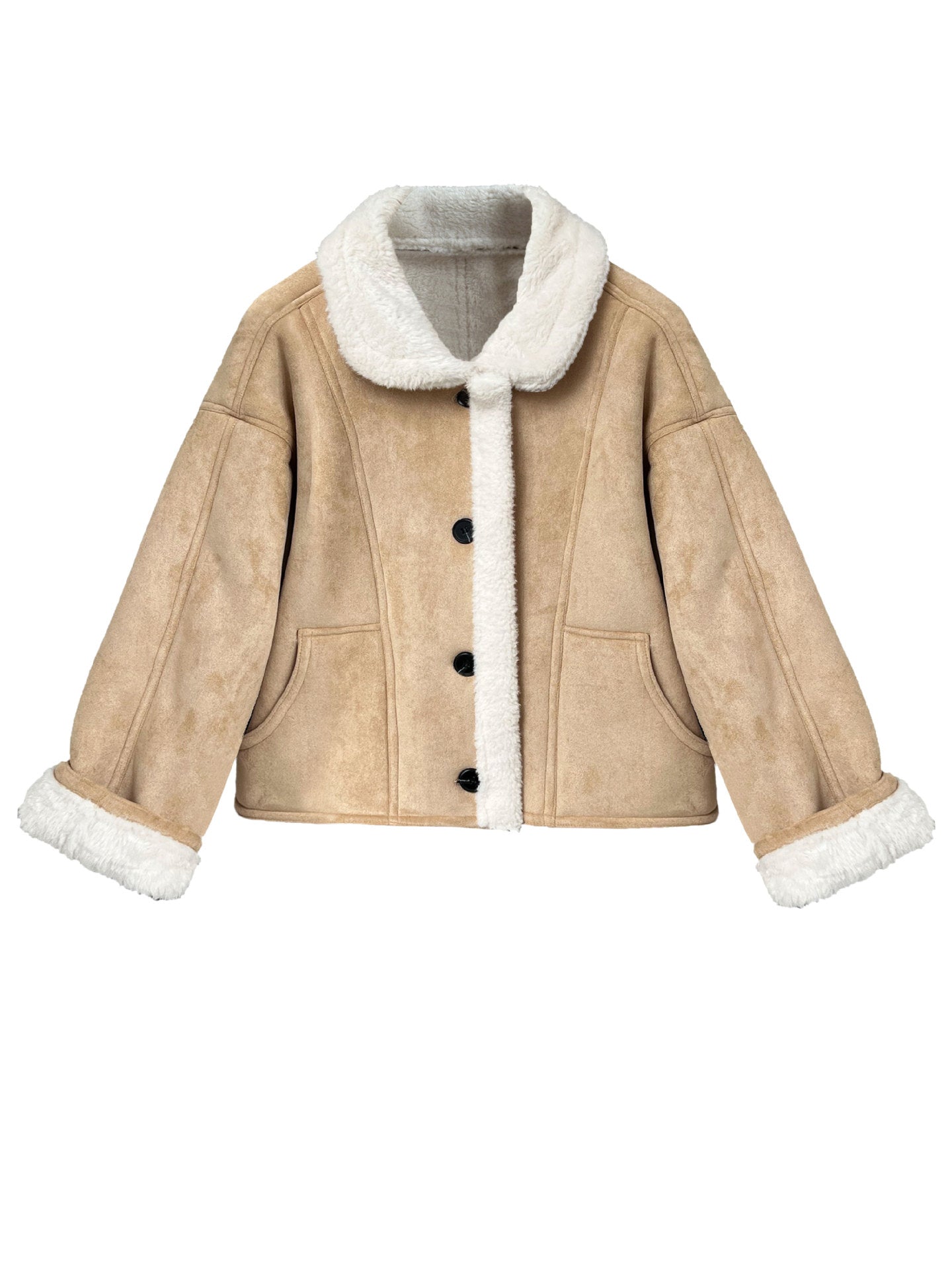 Shearling-Lined Short Moto Jacket – Women’s Warm Faux Suede Winter Coat