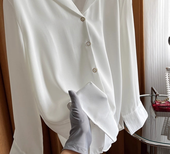 White Satin Long Sleeve Shirt – Elegant Women’s Office Blouse