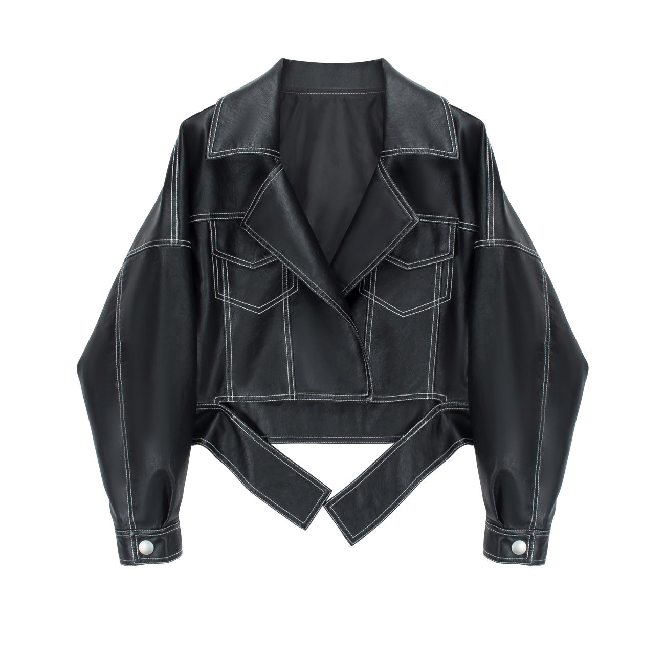 Black topstitched cropped leather jacket – a trendy and avant-garde style, a fashionable and avant-garde item suitable for various scenes