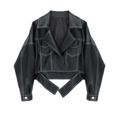 Black topstitched cropped leather jacket – a trendy and avant-garde style, a fashionable and avant-garde item suitable for various scenes