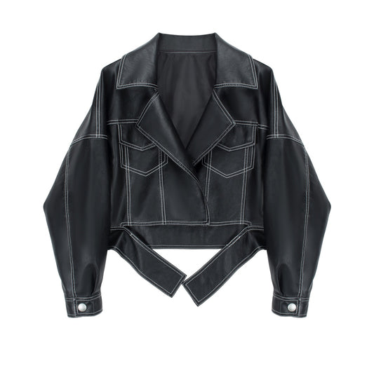 Black topstitched cropped leather jacket – a trendy and avant-garde style, a fashionable and avant-garde item suitable for various scenes