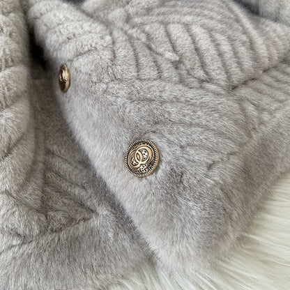 Light grey woven faux lamb fur coat – a subtle Chanel touch for a sophisticated and warm winter look