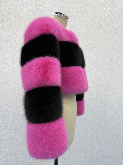 Pink and black contrast short fur coat - fashionable contrast color, creating a personalized eye-catching look