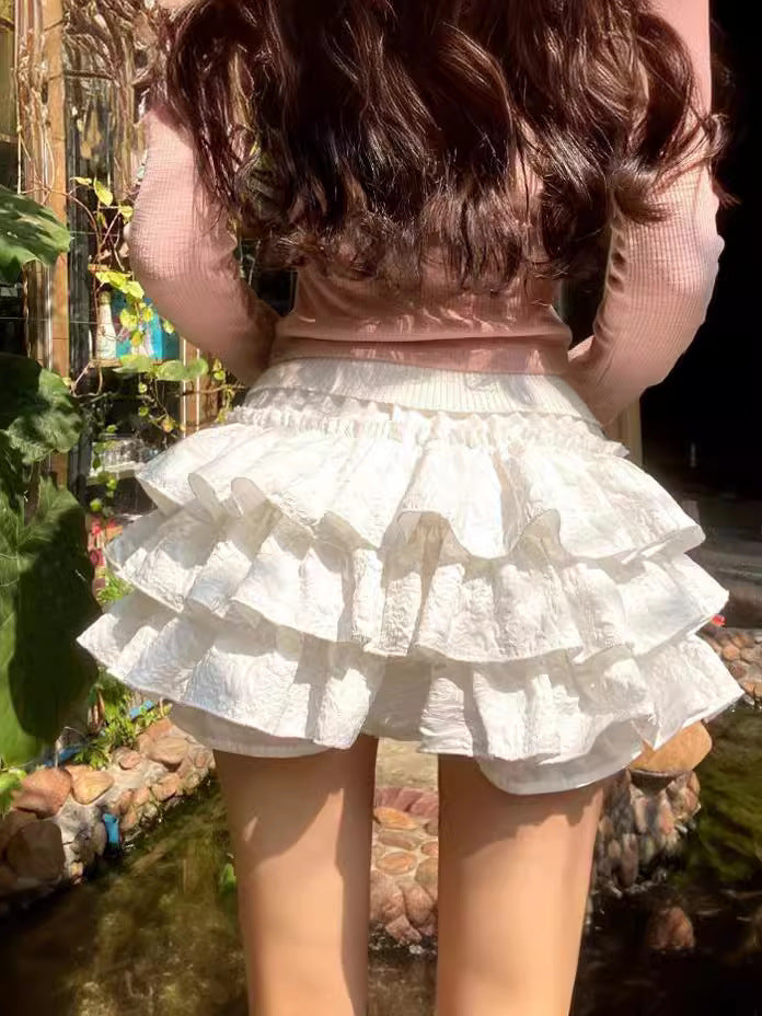 Sweet Ruffled Lace Tiered Skort – High Waist Elastic Mini Skirt with Shorts (S–XL)