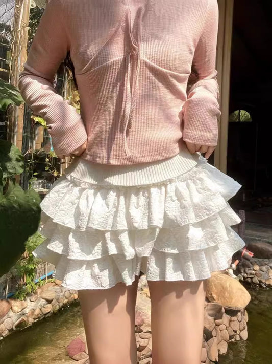 Sweet Ruffled Lace Tiered Skort – High Waist Elastic Mini Skirt with Shorts (S–XL)
