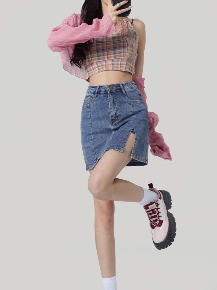 High Waist Front Slit Denim A-Line Mini Skirt – Vintage Casual Style (S–XL)