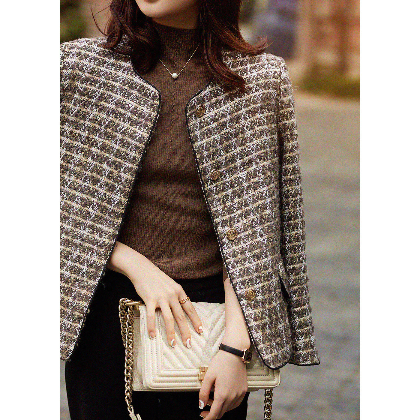 Vintage Plaid Tweed Jacket – Elegant Women’s Autumn Winter Chanel-Inspired Short Cardigan Blazer