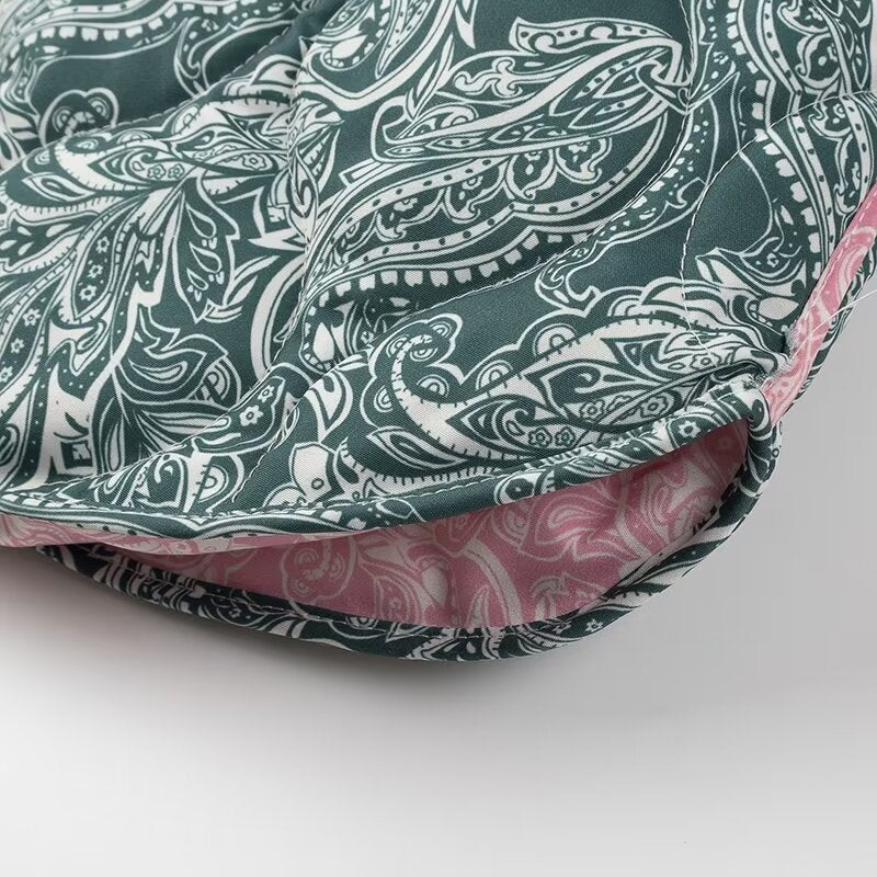 Vintage Printed Belted Cotton Padded Jacket – Women’s Warm Winter Loose Fit Stand Collar Coat