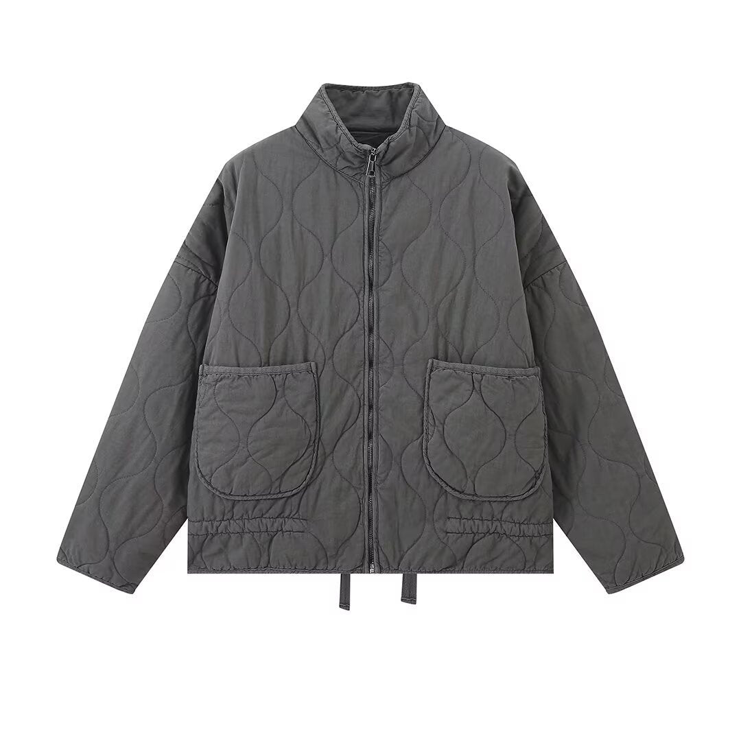 Minimalist Quilted Padded Jacket – Unisex Dark Gray Casual Loose Fit Zip-Up Coat
