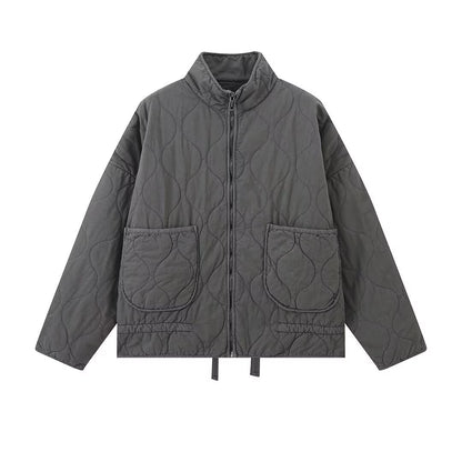 Minimalist Quilted Padded Jacket – Unisex Dark Gray Casual Loose Fit Zip-Up Coat