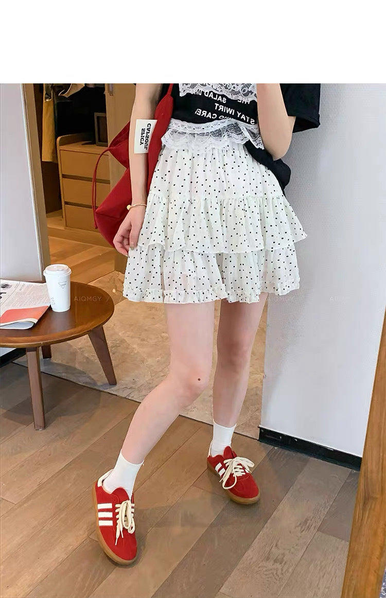 Vintage Polka Dot Ruffle Tiered Mini Skirt – High-Waisted Elastic Cake Skirt (S–XL)