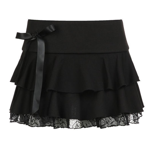 Gothic Sweet Ruffle Mini Skirt with Lace Hem and Satin Bow – High Waist Layered Skirt (S–XL)