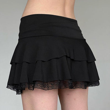 Gothic Sweet Ruffle Mini Skirt with Lace Hem and Satin Bow – High Waist Layered Skirt (S–XL)
