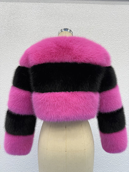 Pink and black contrast short fur coat - fashionable contrast color, creating a personalized eye-catching look