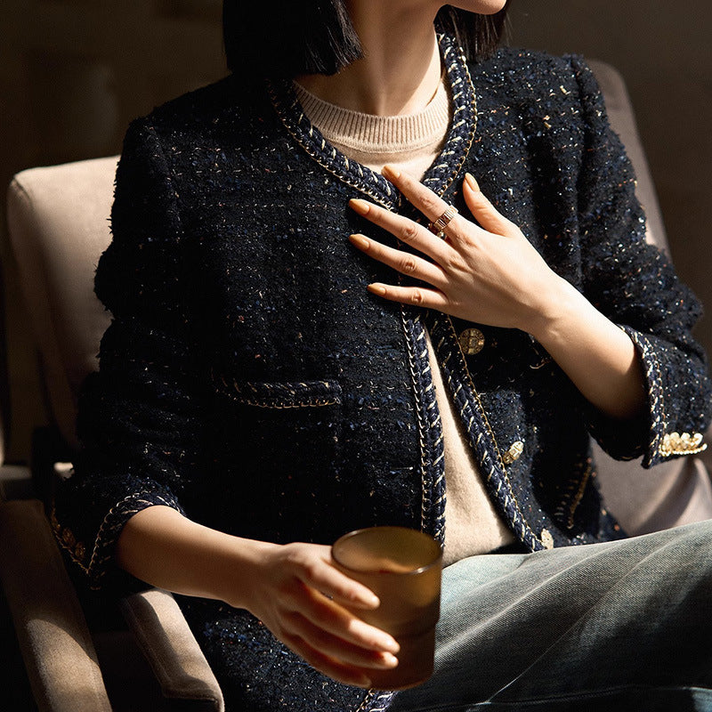 Elegant Women’s Tweed Jacket – Classic Black Chanel-Inspired Blazer with Gold Button Details and Trim Design