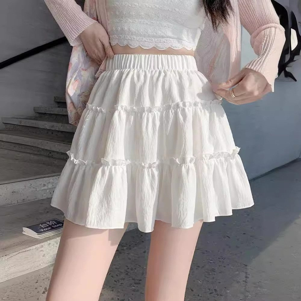 Sweet High-Waisted Layered Mini Skirt – Elastic Waist Ruffled Skater Skirt for Women (S–XL)