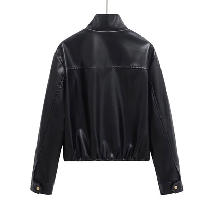 Black stand collar cropped leather jacket
