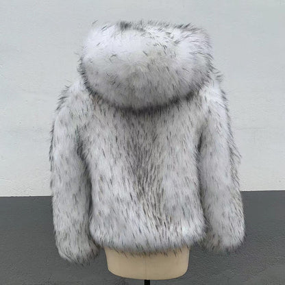 Gray and white colorblock hooded fur coat - fashionable and warm, unlocking your winter personality