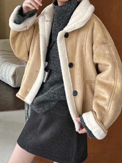 Shearling-Lined Short Moto Jacket – Women’s Warm Faux Suede Winter Coat
