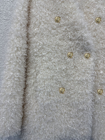 Off-white double-breasted plush coat