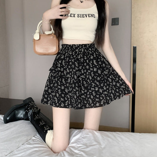 High-Waisted Floral Ruffle Skirt – Women's Sweet Vintage Mini Skirt (Sizes S–XL)