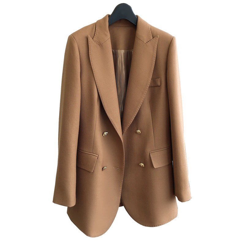 Women’s Camel Blazer S-XL — Elegant Slim Fit Mid-Length Jacket, Double-Breasted Business Casual Suit Coat