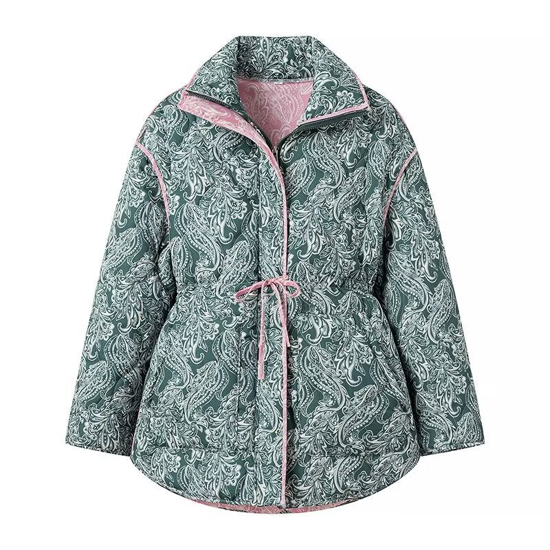 Vintage Printed Belted Cotton Padded Jacket – Women’s Warm Winter Loose Fit Stand Collar Coat