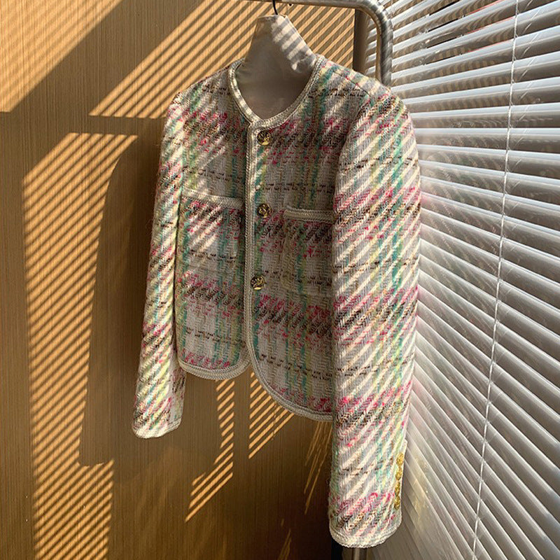 Vintage Chanel-Style Tweed Plaid Short Jacket – Elegant Women’s Tailored Blazer