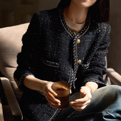 Elegant Women’s Tweed Jacket – Classic Black Chanel-Inspired Blazer with Gold Button Details and Trim Design