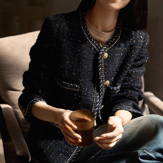 Elegant Women’s Tweed Jacket – Classic Black Chanel-Inspired Blazer with Gold Button Details and Trim Design