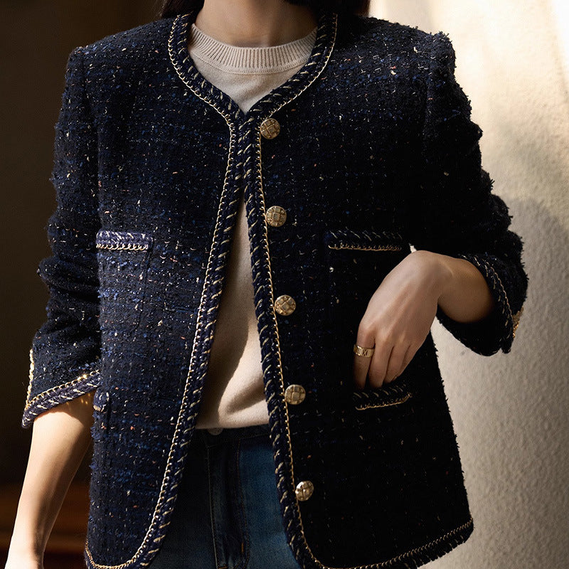 Elegant Women’s Tweed Jacket – Classic Black Chanel-Inspired Blazer with Gold Button Details and Trim Design