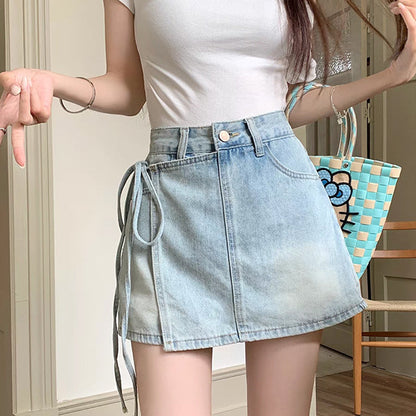 High Waist Tie-Side Denim Mini Skirt – A-Line Slim Fit Skirt for Women (S–XL)