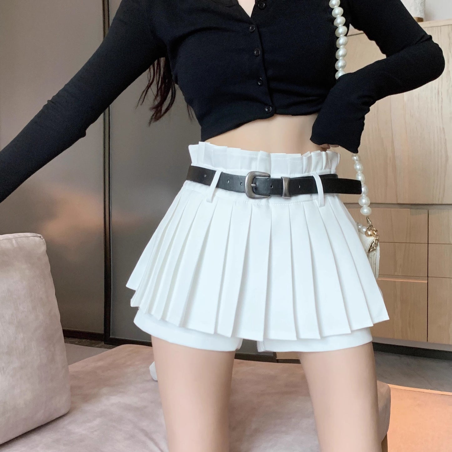 High Waist Pleated Skirt Shorts – A-Line Elastic Waist Mini Skort with Belt (S–XL)