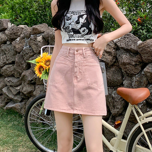 Pink High Waist A-Line Denim Mini Skirt – Casual Slim Fit Streetwear (S–XL)