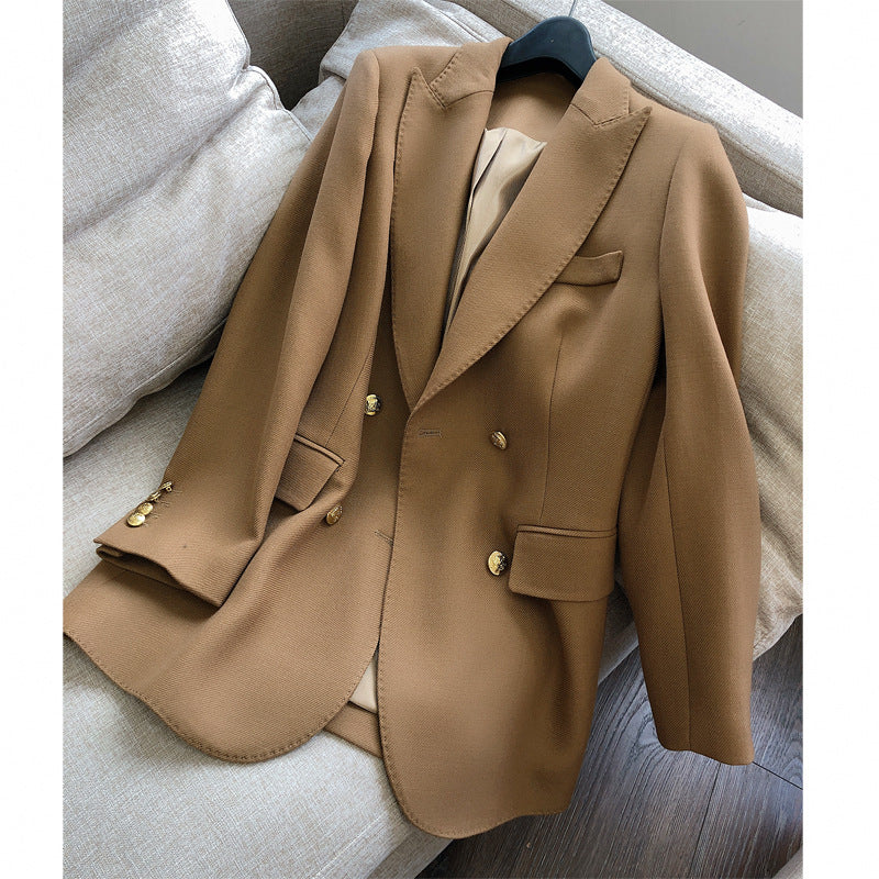 Women’s Camel Blazer S-XL — Elegant Slim Fit Mid-Length Jacket, Double-Breasted Business Casual Suit Coat