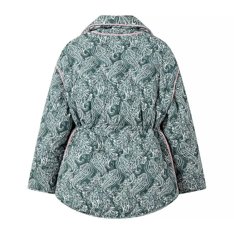 Vintage Printed Belted Cotton Padded Jacket – Women’s Warm Winter Loose Fit Stand Collar Coat